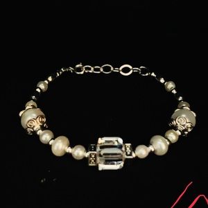Pearl, silver, crystal beaded bracelet